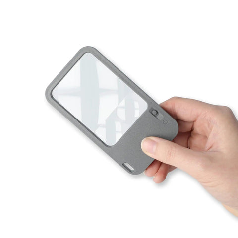 Hand holding Multi Power LED Lighted Pocket Magnifier With 2.5X Main Lens, 4.5X And 6X Lenses, Ultra Lightweight 1.4 Oz