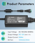 12V 5A DC Power Supply For LED Strip Lights, 60W AC To DC Converter with specifications and plug compatibility displayed.