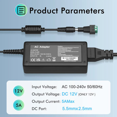 12V 5A DC Power Supply For LED Strip Lights, 60W AC To DC Converter with specifications and plug compatibility displayed.