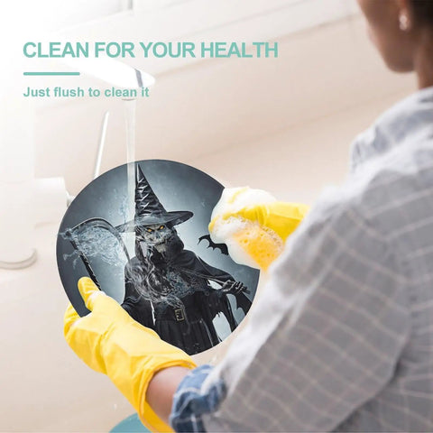 Person cleaning Small Round Tempered Glass Cutting Board With Non Slip Feet For Meats Cheeses Veggies And Fruit Grab And Go Chopping Block For Kitchen And Travel Durable Easy To Clean