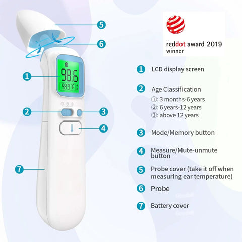 Fast and Accurate Ear and Forehead Thermometer for Adults, Kids and Babies in 1 Second, Clinically Reliable Fever Readings, Noncontact and Ear Modes, One Tap Quick Check for the Fam, Easy Use for Busy Home Health. LCD display thermometer with buttons