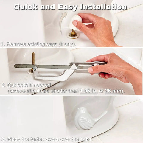 Installation steps for Slick White Bird Ceramic Toilet Bolt Covers Decorative Set Of Two, showing easy assembly process and tools.