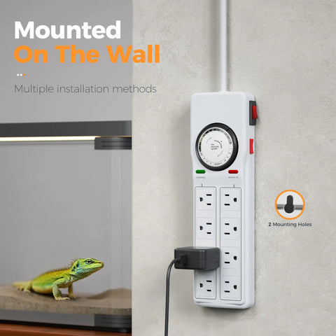 No Fuss Heavy Duty Mechanical Timer Surge Protector Power Strip With Eight Outlets And Four Always On Plugs For Daily Household Scheduling Plus Four Foot Extension Cord Indoors mounted on the wall with a plug attached and a lizard nearby.