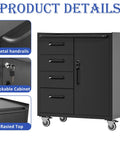 Heavy Duty Mobile Tool Storage Cabinet With Four Drawers And A Locking Door, On Wheels Tool Cart For Garage Or Workshop