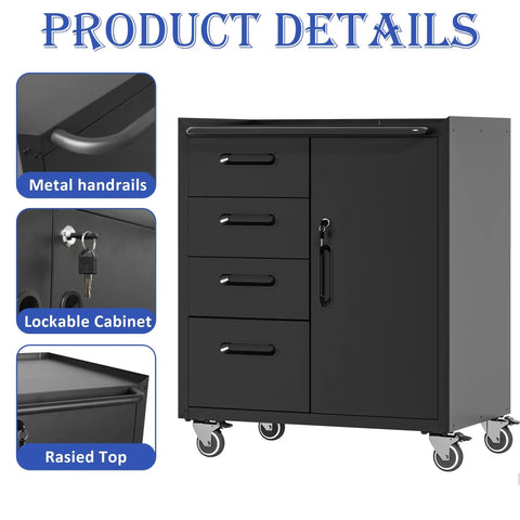 Heavy Duty Mobile Tool Storage Cabinet With Four Drawers And A Locking Door, On Wheels Tool Cart For Garage Or Workshop