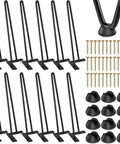 12 Pack 16 Inch Hairpin Metal Table Legs Heavy Duty Furniture Feet With Floor Protectors And Screws For Cabinets Desks Nightstands Benches Coffee Tables Wardrobes Drawers Diy Projects, showing black metal legs, screws, and protectors