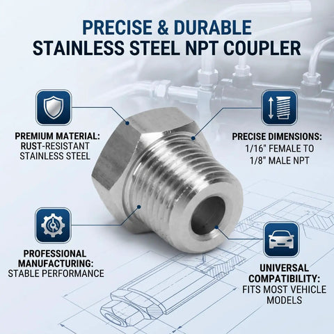 Stainless Steel NPT Adapter Converting 1 16 Female To 1 8 Male Thread Specs For Auto Mechanic Needs Ensuring Zero Leak Risks With Secure Grip On Any Pipe System Today It Holds Up Well And Prevents Damage Saving You Cash On Repairs Today, 1/16 female to 1/8 male NPT fitting