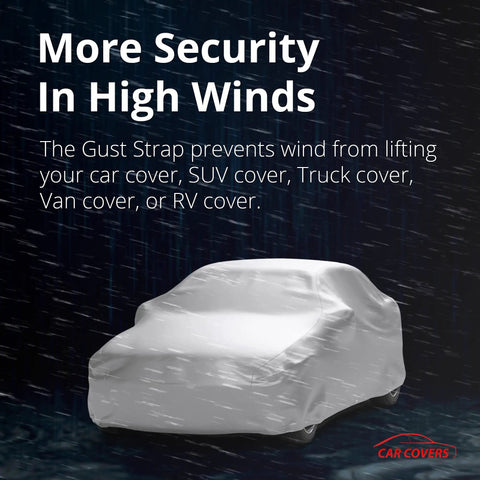 Car covered in white cover using Gust Strap Wind Protector Kit Heavy Duty Car Cover Straps With Bungee Cords And Hooks