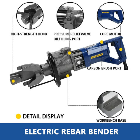 Detail display of VgtHK Electric Hydraulic Rebar Bender 900W Handheld Steel Rod Bending Machine for DIY Pros, featuring hooks and ports.