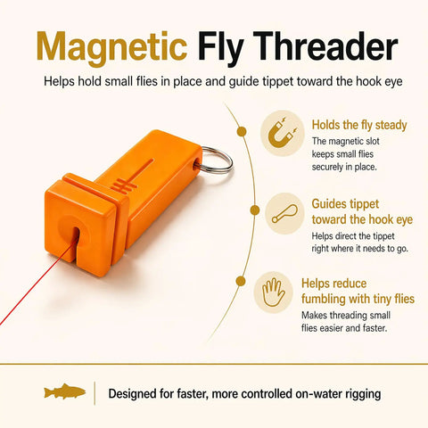 Magnetic Fly Threader 4 Slot Precision Tool Bright Orange For Fly And Ice Fishing with keychain detail on white background.