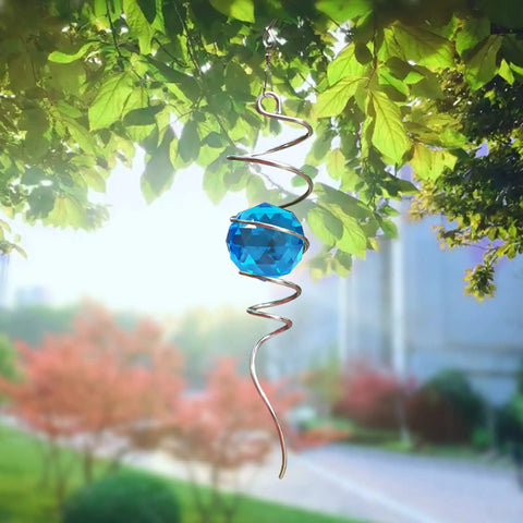 Eye-Catching Gazing Ball Spiral Tail Wind Spinner Crystal Orb With Swivel Hook Sun Catcher Rainbow Maker Hanging Decor For Yard And Garden Rotating Art Ornaments Great Gifts 13-Inch Height, blue crystal orb in spiral tail