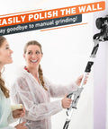 Women using Drywall Sander With 900W Power, 24 Sanding Discs, 6 Speed Settings 1000-1600 RPM on wall in protective clothing.
