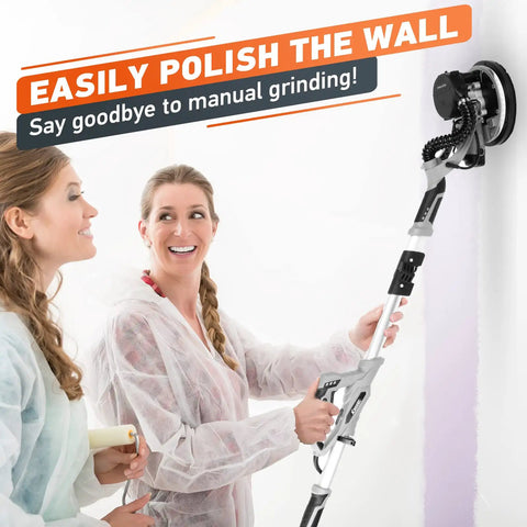 Women using Drywall Sander With 900W Power, 24 Sanding Discs, 6 Speed Settings 1000-1600 RPM on wall in protective clothing.