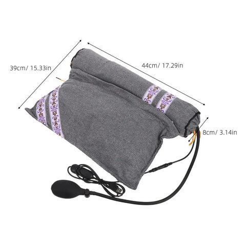 Heated Neck Pillow Cushion With Adjustable Electric Warmth For Relaxing Herbal Aroma And Sleep Support That Helps You Chill Out Fast, grey fabric, dimensions shown.