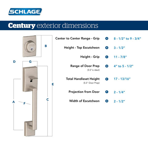 Century Exterior Half Handleset With Deadbolt, Matte Black Finish, dimension details showing measurements for exterior installation.