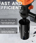 Diamond Core Drill Bit Set Two And A Half Inch With Pilot Bit And Adapters SDS Plus And Hex, drilling into material close-up.