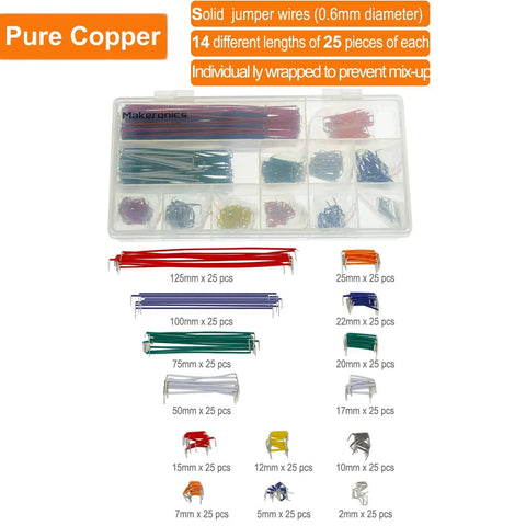 Solderless 1660 Breadboard Super Kit With Aluminum Back Plate showing pure copper jumper wires in assorted lengths and colors.