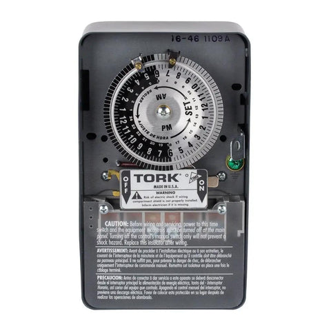 Front view of Indoor 40 Amp Mechanical Timer For Lighting And Appliances, 24 Hour Programming, gray with visible dial and on/off switch.