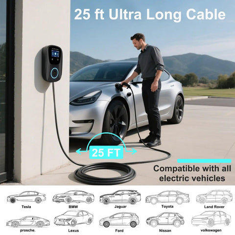 Man charging electric car with Level 2 EV Charger With ETL Certification 48A Adjustable 240V 25 ft cable