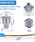 Dimensions of 22mm Latching Selector Rotary Switch Three Position With 2NO 2NC Contacts, 12-24VDC, ON Off On, Waterproof Anti Vandal Metal Switch With Socket Without LED shown