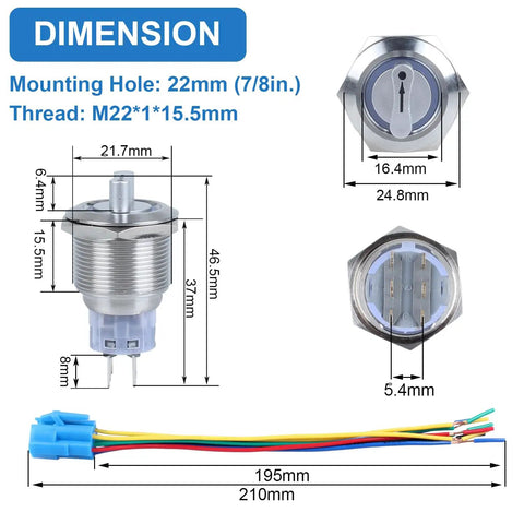 Dimensions of 22mm Latching Selector Rotary Switch Three Position With 2NO 2NC Contacts, 12-24VDC, ON Off On, Waterproof Anti Vandal Metal Switch With Socket Without LED shown