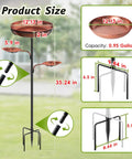 Illustration of a 35 Inch Metal Bird Bath For Outdoors With 12 Inch Diameter 2 Inch Deep Bowl And 6.5 Inch Five Pronged Base Garden Decor For Patio Yard Lawn Vintage Brown Finish Great Backyard Vibes, showing dimensions and features.