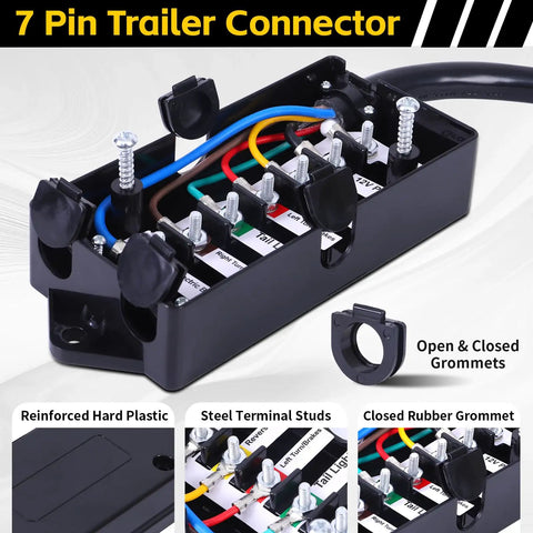 Built Tough 8 Ft 7 Way Trailer Wiring Kit Featuring Rock Solid Pure Copper Contacts And Weatherproof Junction Box close-up of 7 pin trailer connector detail.