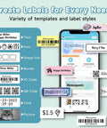 Top Tier Bluetooth Label Maker Prints Crisp Adhesive Text Instantly with various labels displayed on a smartphone.