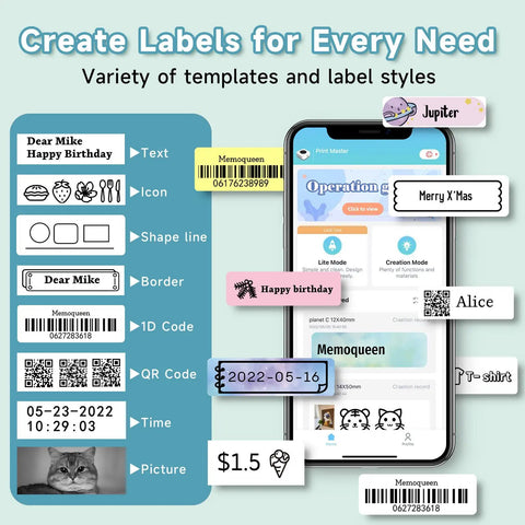 Top Tier Bluetooth Label Maker Prints Crisp Adhesive Text Instantly with various labels displayed on a smartphone.
