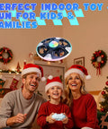Family playing with UFO Hand Controlled Drone For Kids, Safe RC Toy With 7 LED Lighting Modes, 360 Degree Flips, in festive living room.