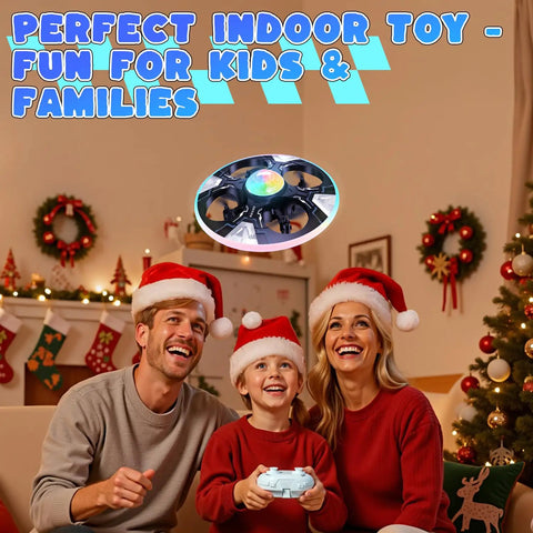 Family playing with UFO Hand Controlled Drone For Kids, Safe RC Toy With 7 LED Lighting Modes, 360 Degree Flips, in festive living room.
