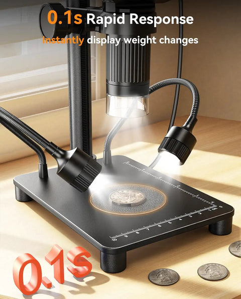 Coin Microscope With Built In 0.1g Weighing Scale Up To 300g 12MP Camera 4.3 Inch LCD Display 1080P Video Digital Magnifier For Error Coins Jewelry Inspection With LED Lights USB PC View For Collectors, black base with LED lights