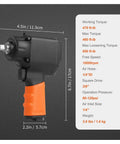 Pneumatic Air Impact Wrench With 3/8 Inch Square Drive And 690 Ft Lbs Of Knuckle Busting Torque Lightweight Aluminum Body showing dimensions and features.