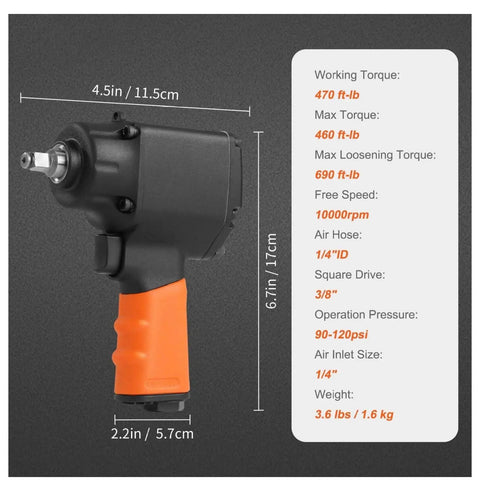 Pneumatic Air Impact Wrench With 3/8 Inch Square Drive And 690 Ft Lbs Of Knuckle Busting Torque Lightweight Aluminum Body showing dimensions and features.