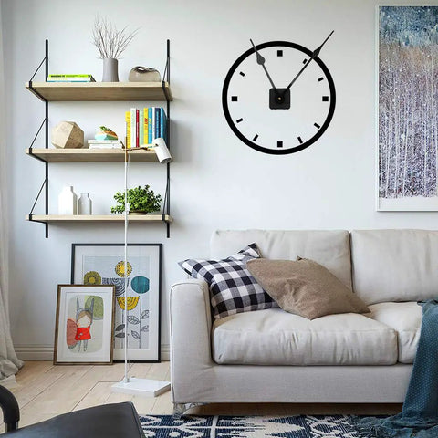 Room interior with a Large Wall Clock Movement Kit With Hands Repair Tools And Parts For DIY Clock Making on the wall, near shelves and sofa.