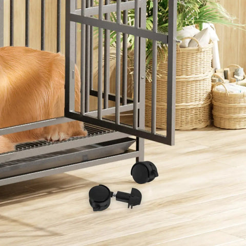 Heavy Duty Stem Caster Wheels Replacement For Pet Cage And Dog Kennel Swivel Rollers on hardwood floor near pet cage.