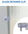 Sturdy Glass Panel Retainer Clips Eight Pack With Soft Rubber Bumpers And Machine Screws For Display Cases and Mirror Walls No Hassle Setup Locks Everything Down Secure Five Thirty Two Inch Offset close-up of clear clip mounted on glass.