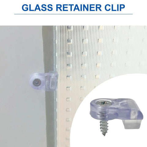 Sturdy Glass Panel Retainer Clips Eight Pack With Soft Rubber Bumpers And Machine Screws For Display Cases and Mirror Walls No Hassle Setup Locks Everything Down Secure Five Thirty Two Inch Offset close-up of clear clip mounted on glass.