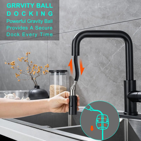 Matte Black Kitchen Faucet With Pull Out Sprayer, Single Handle Stainless Steel Sink Fixture with gravity ball dock