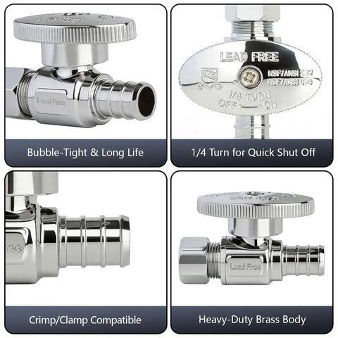 Built Tough Heavy Duty Chrome Plated Brass Straight Stop Valve One Half Inch PEX To Three Eighths Inch Compression Quarter Turn
