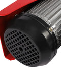 Close-up of the motor of Huge 1763 Lbs Max Load Mini Electric Hoist Winch with red casing and black vented cover.