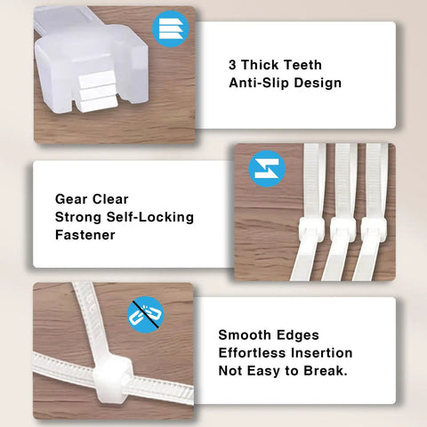 Heavy Duty White Zip Ties Set 4 6 8 12 Inch 400 Pack UV Resistant, white nylon 66 tie close-up with anti-slip teeth and self-locking head