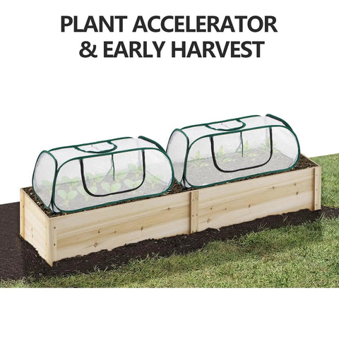 Pack Of 2 Garden Bed Covers 45 By 22 By 16 Inches Plastic Mini Greenhouses on wooden raised beds for seedling growth