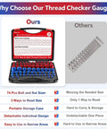 74 Piece Nut And Bolt Thread Checker Gauge With Detachable Bits, 39 Inch And 35 Metric Rustproof Size Finder, Screw Identifier Tool For Measuring In Tight Narrow Spaces And Hard To Reach Areas. Open case with 74-piece nut and bolt thread checker set showing metric and inch sizes