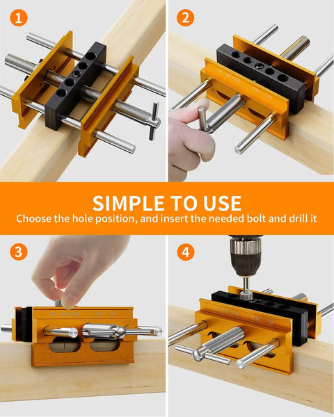 Self Centering Doweling Jig For Pro Grade Woodworking, step-by-step use on wood for square, straight joints, gold finish.