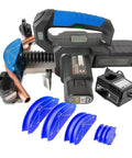 Heavy Duty Electric Hydraulic Pipe Bender Kit For 1/4 To 7/8 Inch Copper Tubing With 7 Replaceable Dies displayed with battery and dies.