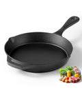 9.5 Inch Cast Iron Skillet with Teardrop Handle next to vegetables and meats, ideal for oven, stove, and grill cooking