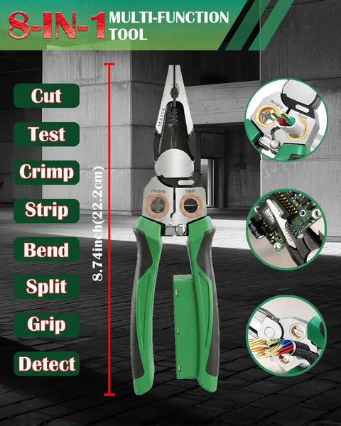 8 In 1 Wire Stripper With Voltage Tester And Multi Function Electric Pliers For Pros And DIYers, Electrician Tools, Green