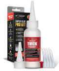 Thick Super Glue Pro Grade Kit 2 Oz With Gap Filling CA Glue Cyanoacrylate Adhesive bottle, cap, microtips, and packaging.