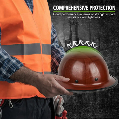 Worker holding Fiberglass Full Brim Hard Hat With Brim Guard, OSHA And ANSI Rated helmet in industrial setting.